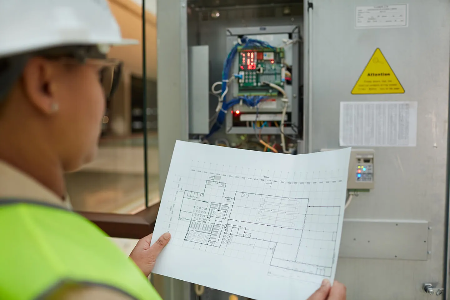 Worker inspecting blueprint and electric system